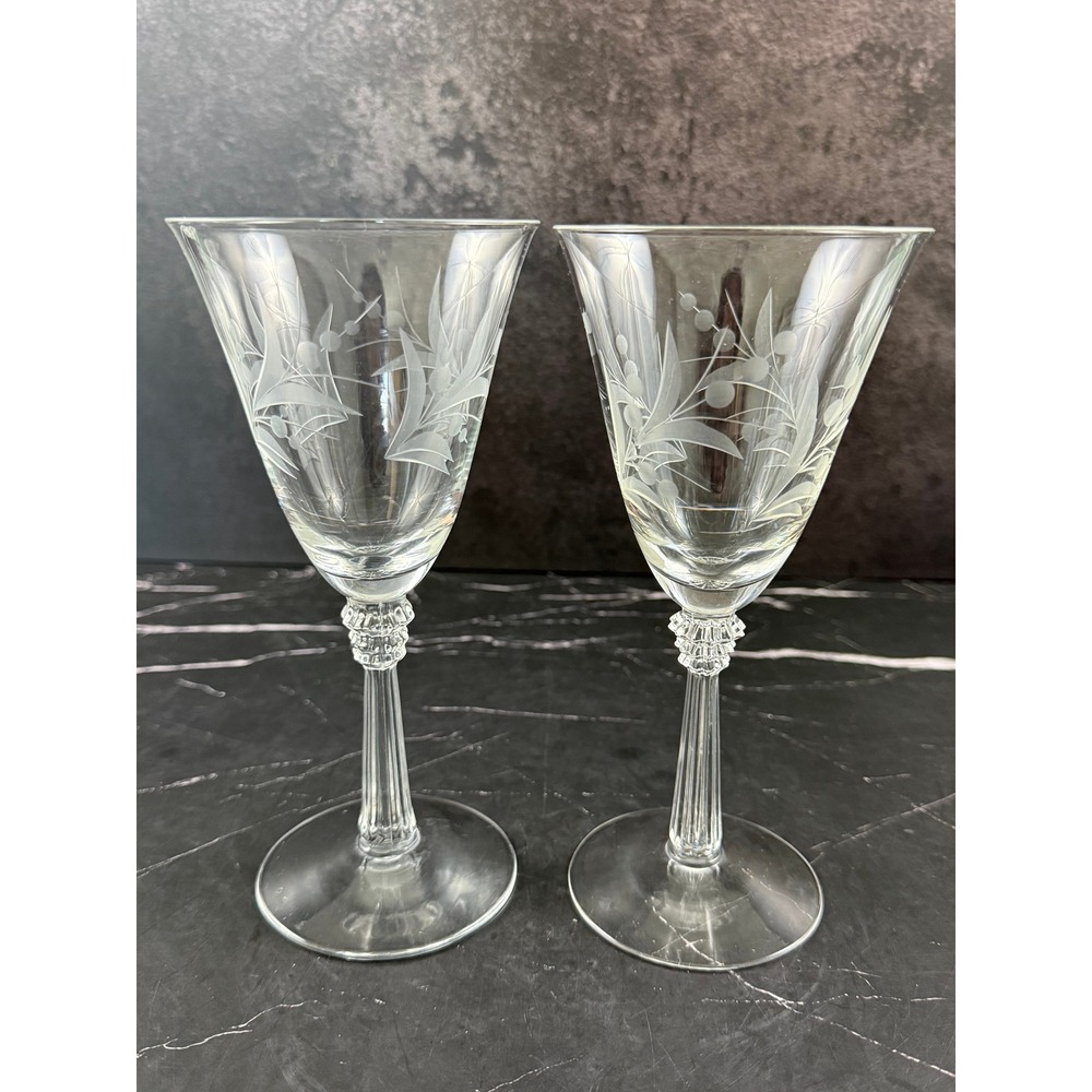 VTG PAIR (2) Cynthia by Fostoria Leaf Berry Cut Crystal Water Goblets 7 1/2in